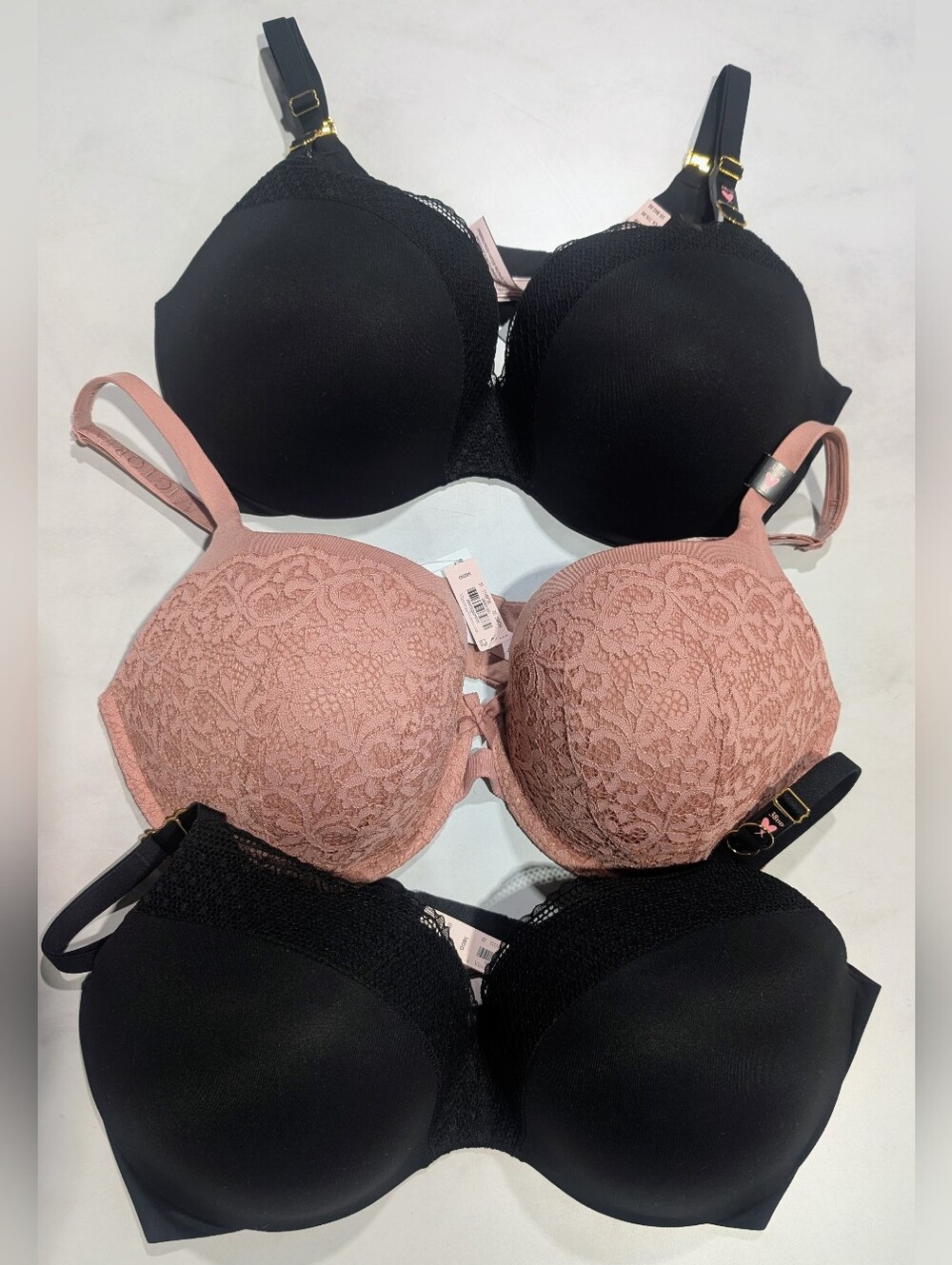 Victoria's Secret Black & Dusty Pink Lace Bras, Lot Of 3 Bras
